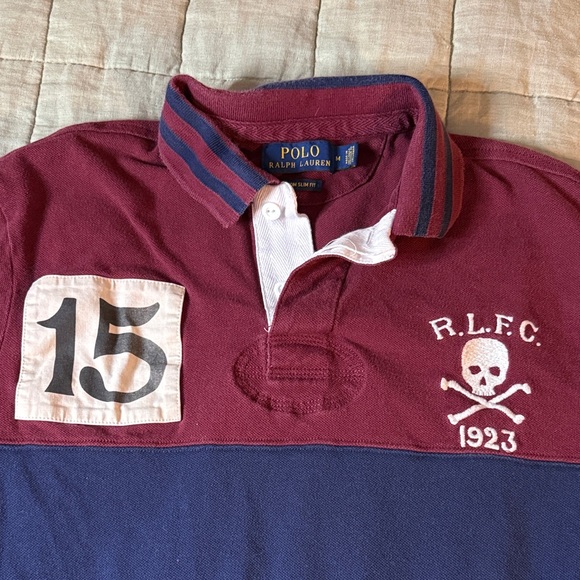 Polo Ralph Lauren RLFC Skull Rugby Shirt Custom Slim Fit Medium Red Blue - Picture 2 of 4